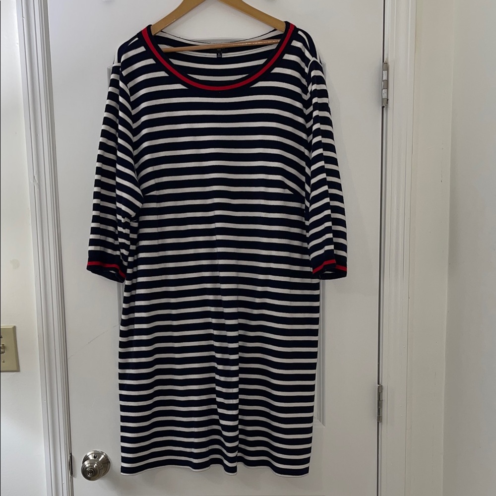 Talbots Navy and White Striped Dress with Red Trim